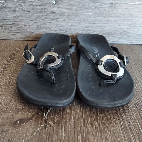 Vionic Karina Flip Flop Thong Sandals Slip On Black Leather Women's Shoes Size 6 - Picture 3 of 6